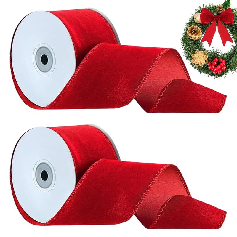 Velvet Ribbon Roll - 2-рулонная упаковка, проводная бархатная красная лента,